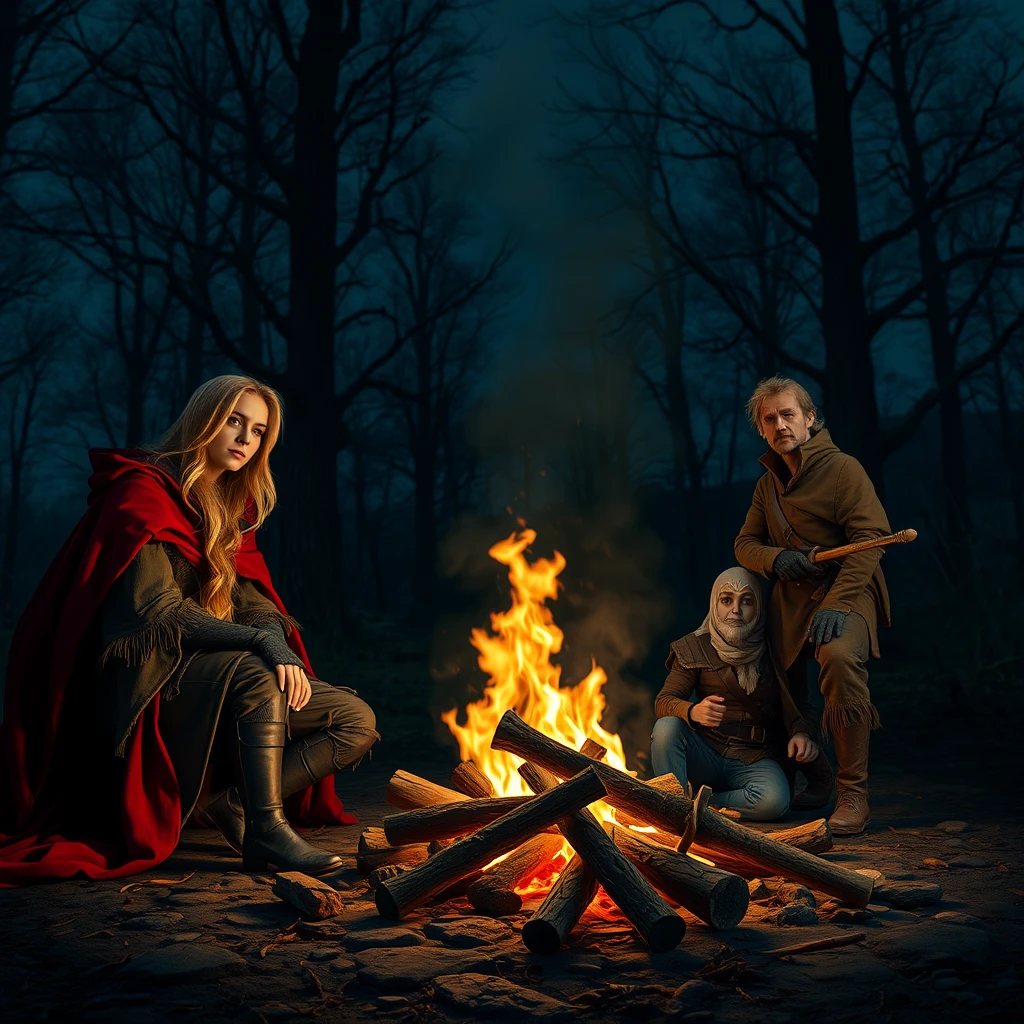 "Photorealistic: Fantasy heroine with a red cloak sitting at a campfire at night with two companions." - Image