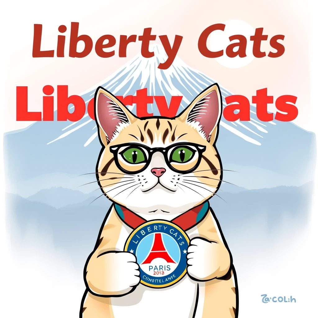 draw a pic with "Liberty Cats Congratulations chinese athletes " big text and Mount Fuji backgroud,AND a cat with infront it , carring a Paris Olympic gold medal  logo with text "Liberty Cats"
 - Image