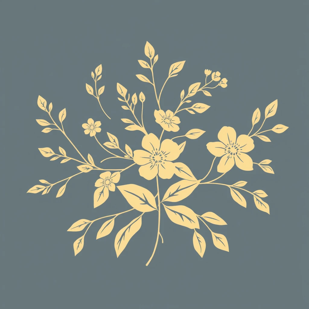 Gray-blue background with beige lines drawn in a floral and foliage pattern containing flowers and flower bones in the open, elegant lines of the leaves, an overall even layout, and a simple and generous pattern. - Image