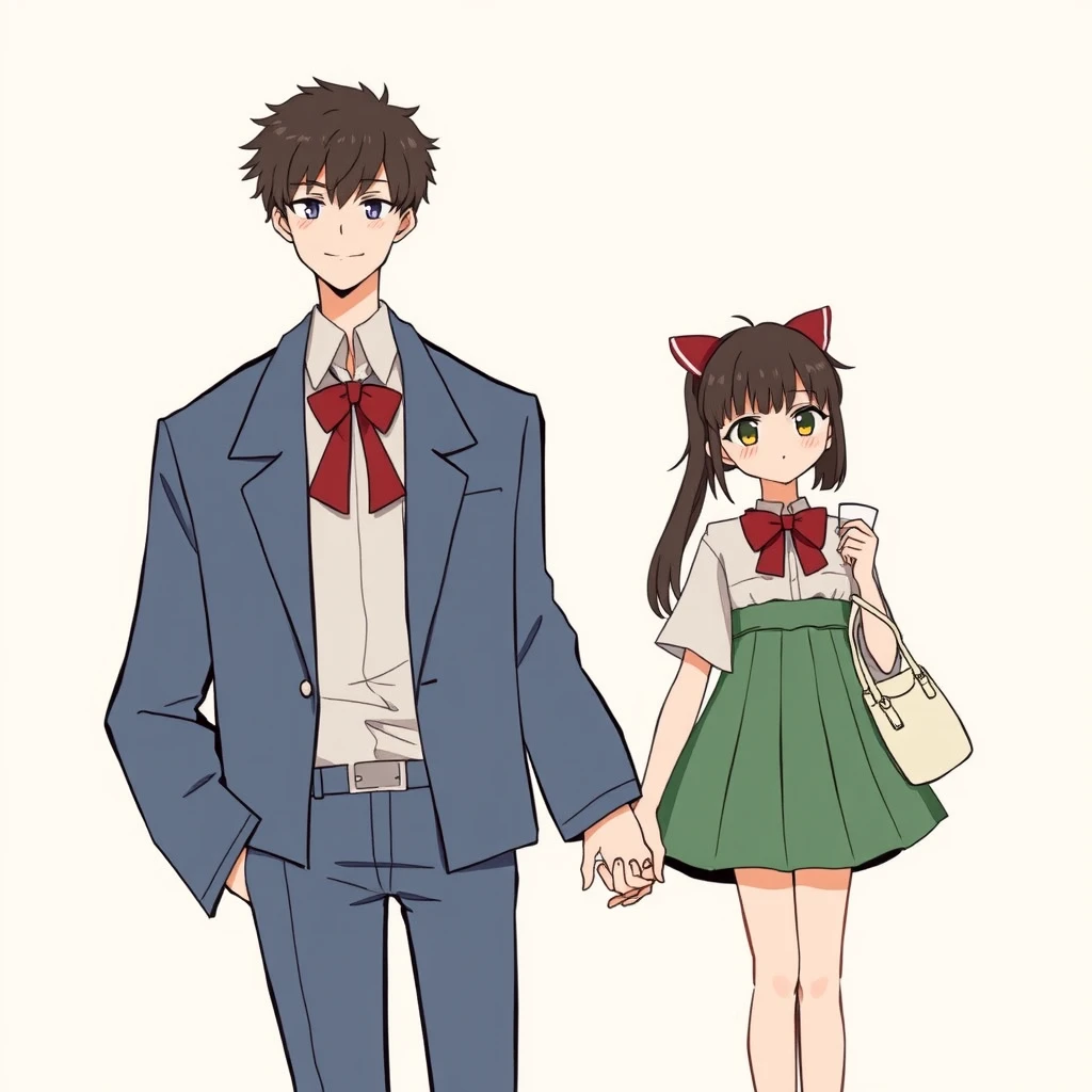 1 girl, tall handsome boy, standing, couple, fashion, bow, simple background, cup, handbag, hand in hand, daily life. - Image