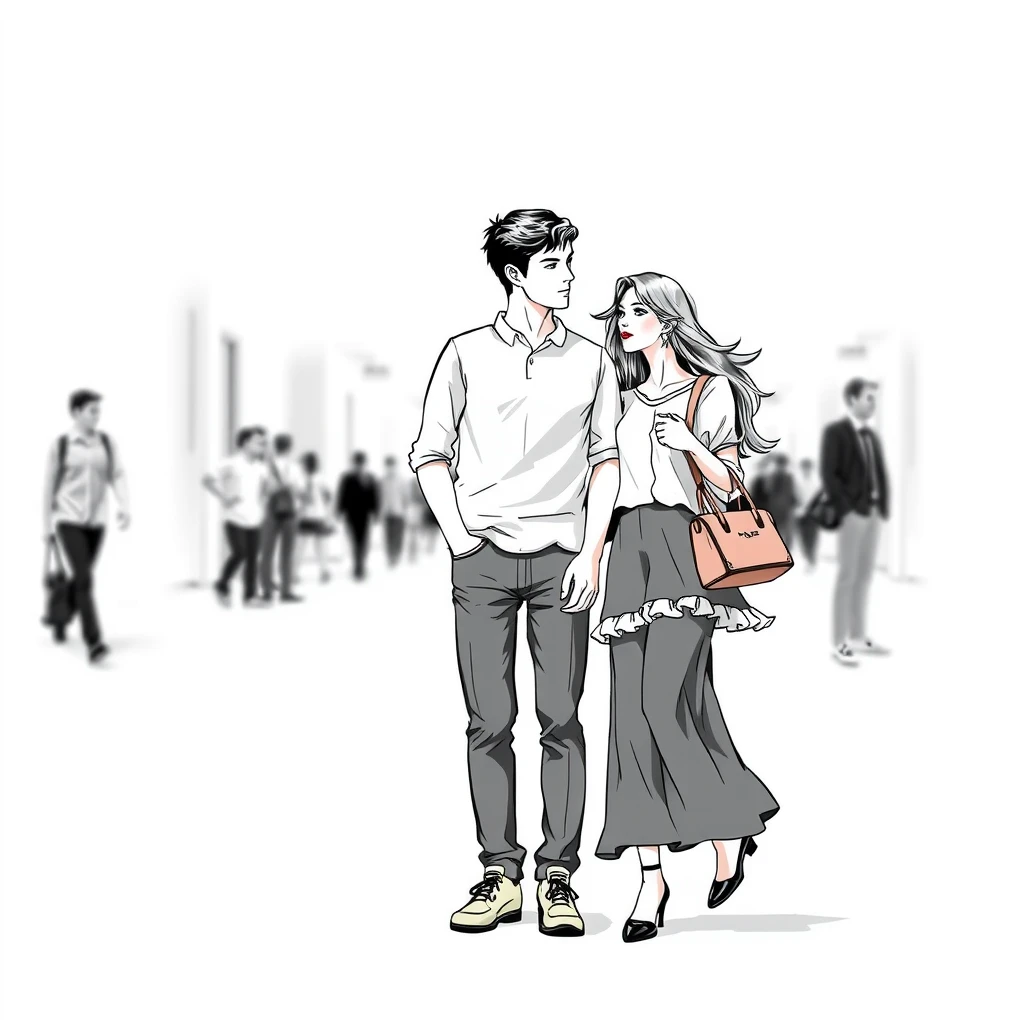 couple, daily, lifetime, full length, young, play, lineart, handbag, frill, fashion