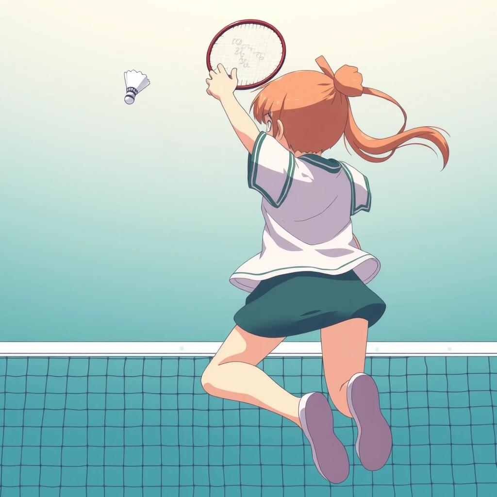 A girl jumps up with a badminton racket in her right hand, smashing the shuttlecock in front of the racket, at the net, from the back, anime. - Image