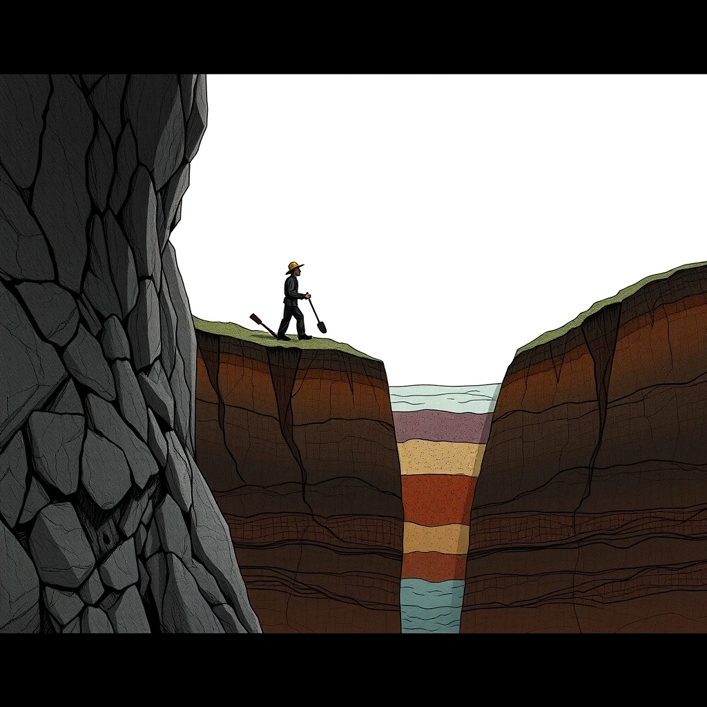 /image prompt: figure, miner, hat, shovel, plateau, cliff, line drawing, cross-section, underground, rock formations, soil layers, narrow gap, water level, persistence, missed opportunities, irony, perseverance, HD, 16k --ar 16:9 --v 6.0