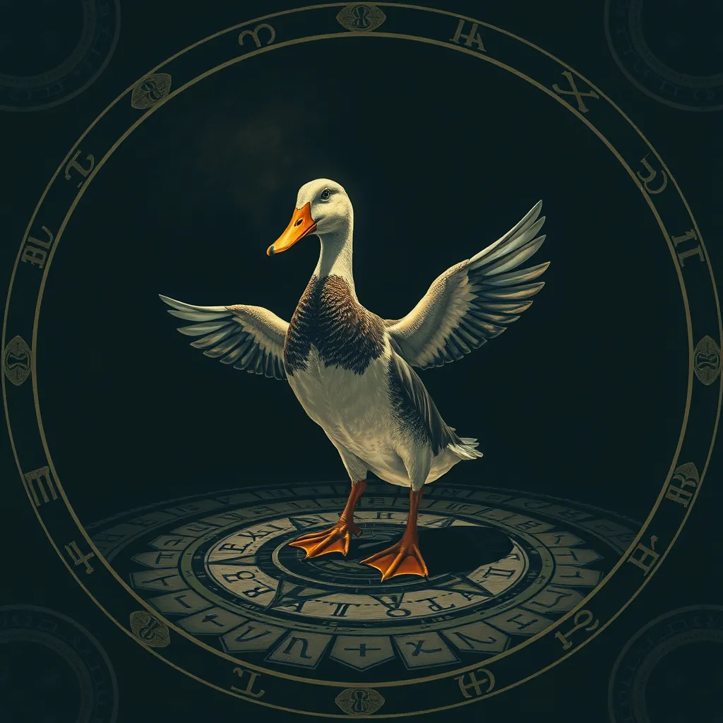 Duck performing a ritual standing within a magic circle with ancient runes, dark background. - Image