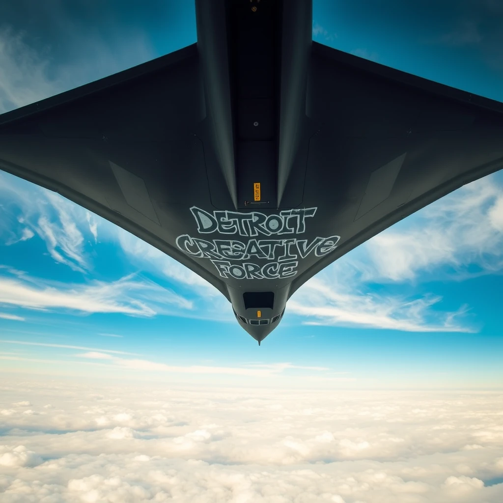 A view from the ground of the underside of an actual B-2 Stealth bomber flying high in the clouds, with the words "Detroit Creative Force" painted in a graffiti style on the underside of the plane. - Image