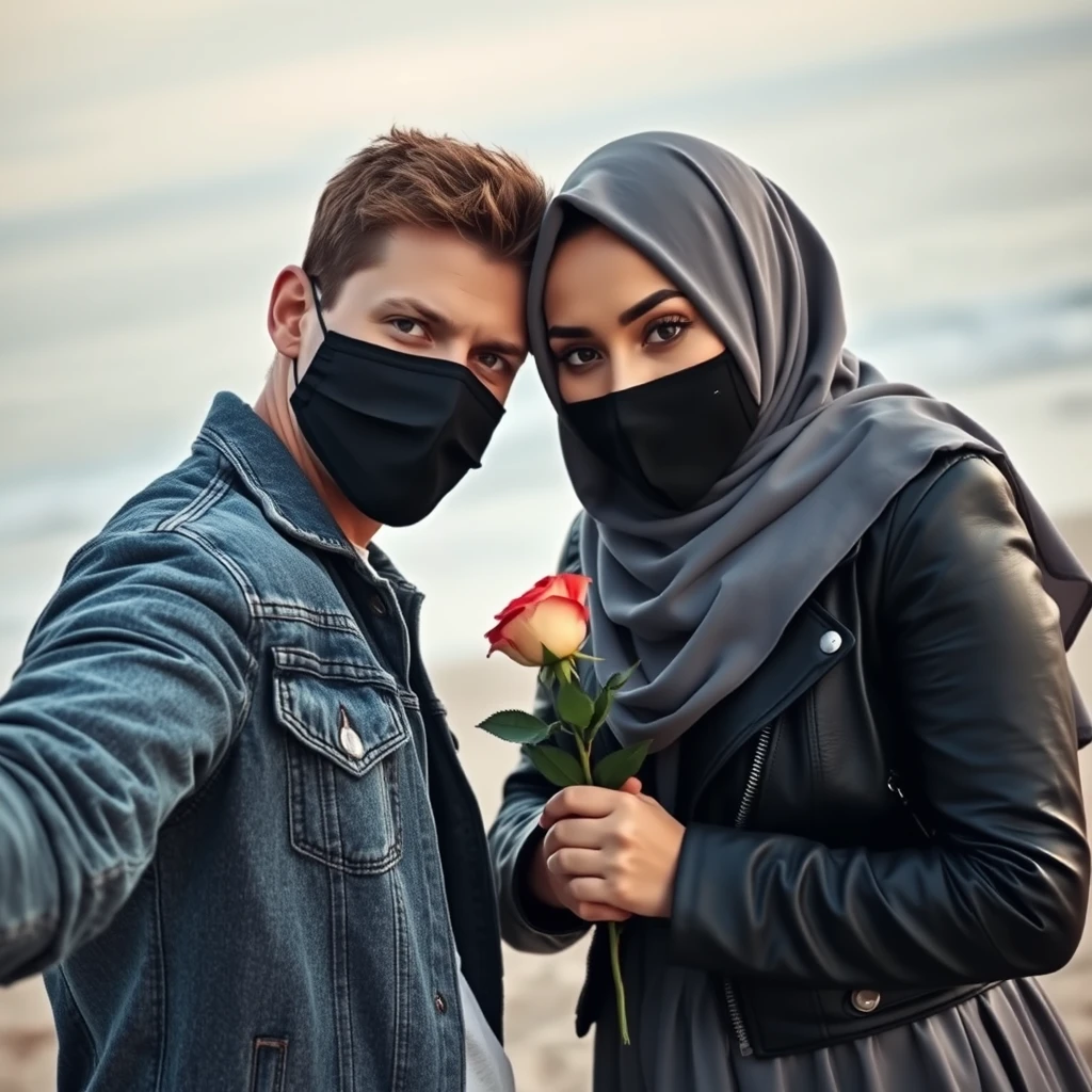 Jamie Dornan's head and body shot, handsome, black face mask, jeans jacket, jeans, dating, hug, love couple with the biggest grey hijab Muslim girl, beautiful eyes, black face mask, black leather jacket, biggest skirt, at the beach, holding a rose, hyper-realistic, street photography, selfie.