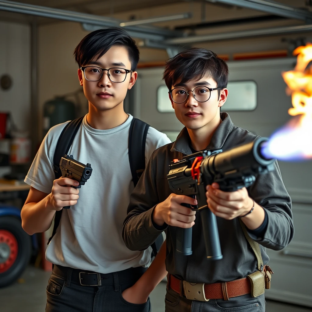 21-year-old white northern Chinese man wearing square glasses, mid/long fringe black hair, holding a Glock, and 21-year-old very white Italian man wearing round glasses and brown short hair holding a very large fire extinguisher flamethrower, garage setting.