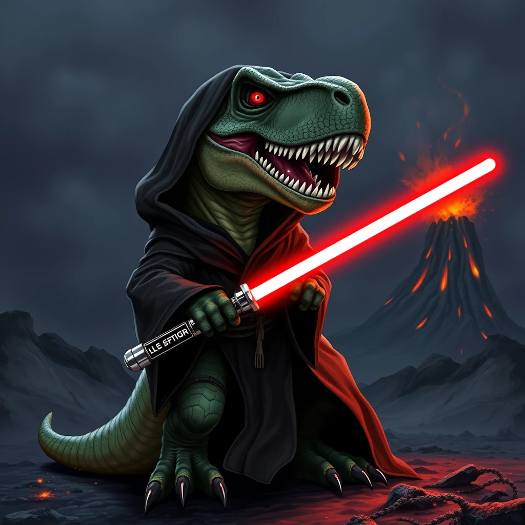 A T-Rex wearing a black Jedi robe, holding a red lightsaber, looking angry with shiny red eyes, ember on the ground, volcano in the background, dark sky. - Image