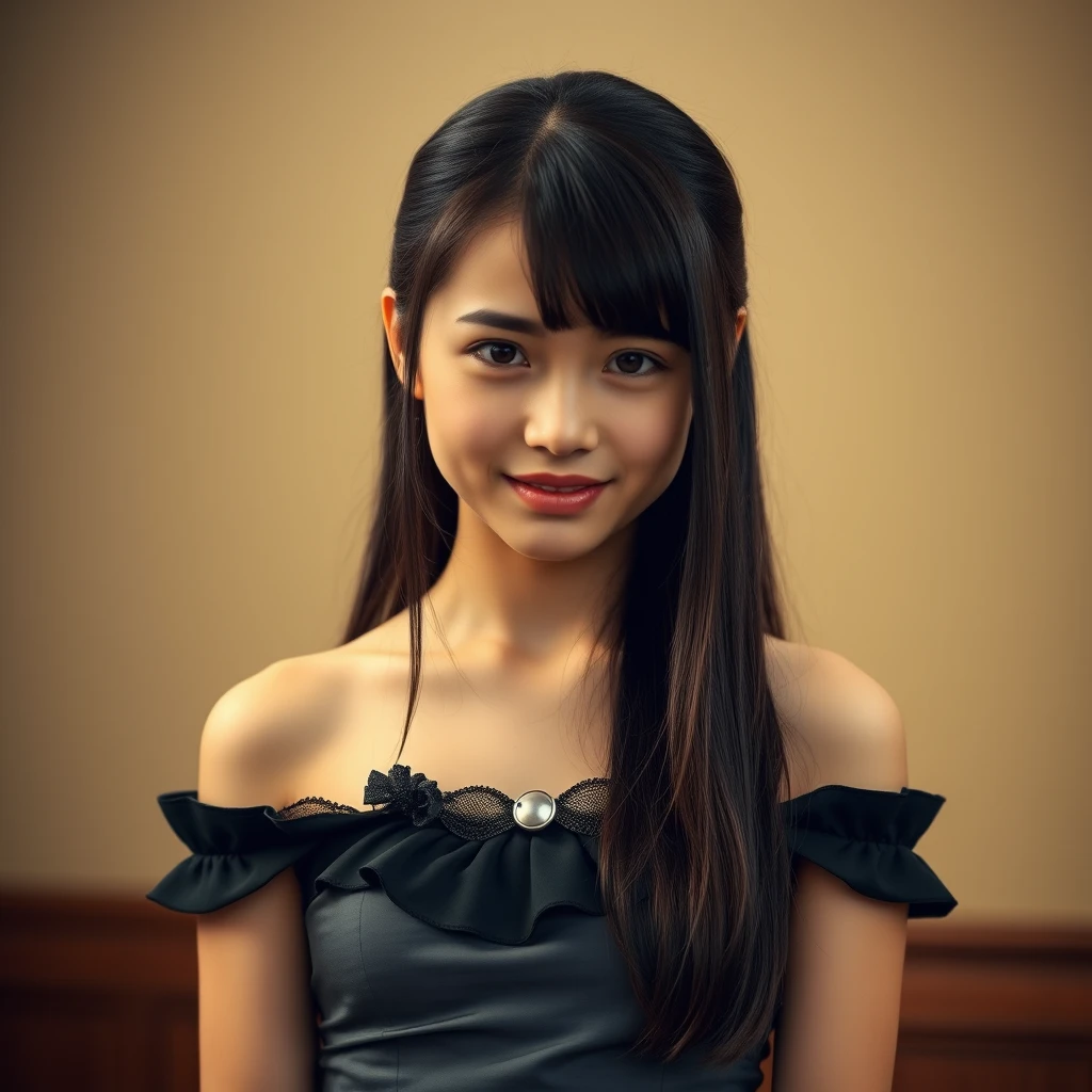 Nikon 46D photo of a pretty, cute, 19-year-old emo girl, strapless off-the-shoulder top, embarrassed smile, full lips, button nose, big eyes, slim figure, strapless gown, sharp focus, shallow depth of field.