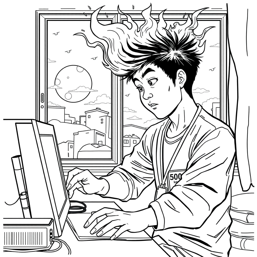 Line art comic, a young Asian man working like crazy, his head on fire, the moon outside the window. The man had an ID tag that said "500."