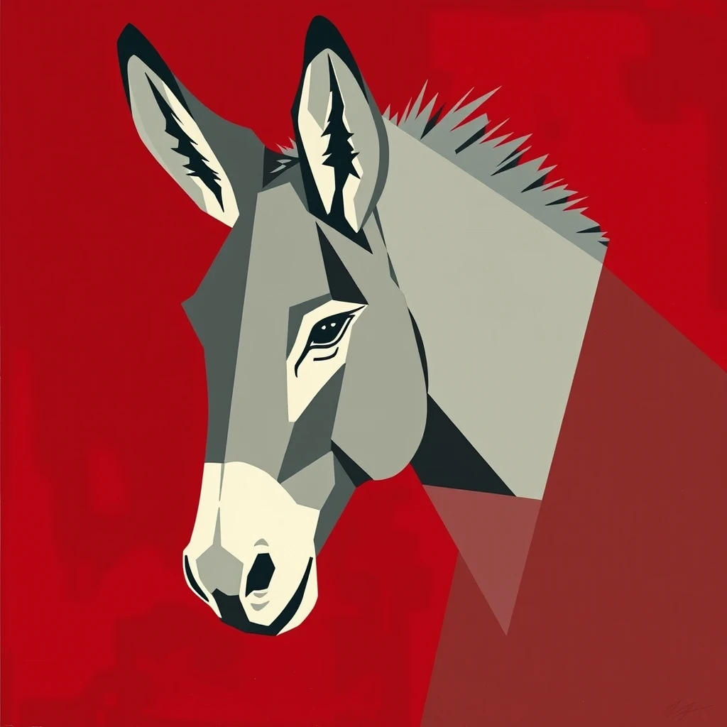 Soviet poster depicting a donkey in a constructivist style. The donkey is gray and the background is dark red.