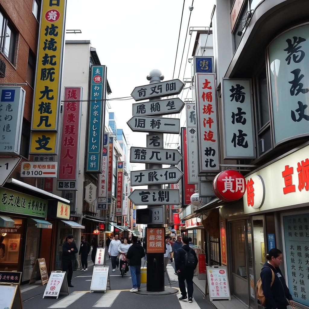 At the bustling crossroads, there are Chinese characters and Japanese language.