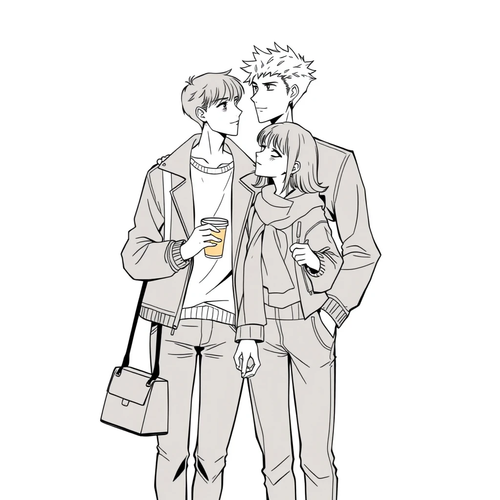 anime lineart, young woman in fashion standing with a tall handsome boy, she is leaning on the boy, simple background, cup, handbag, hand in hand, they are looking at each other and loving each other.