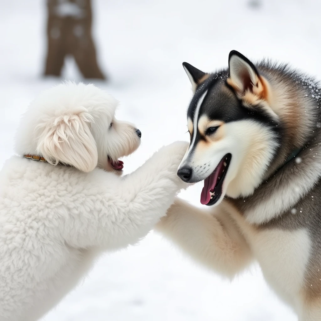 A white goldendoodle, male, 35 lbs, named Rockie, is fighting with a 70 lb gray/white Husky in the snow.