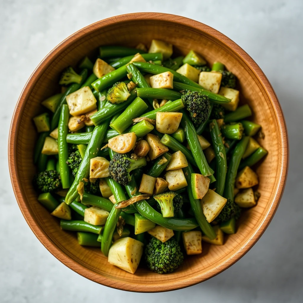 Professional food photography, chopped green beans and broccoli sautéed and served in a wooden bowl, Flat lay photograph, soft natural lighting, minimalist, aerial view.