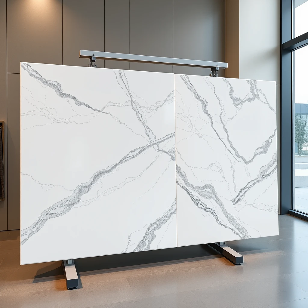 Smart, stylish automated carrier-cum-display system that holds 2 large 4 meter sized, polished marble panels such that one horizontal panel and one vertical marble panel, together form an L-shaped configuration, in the pattern matching orientation, in a professional yet cheerful setting. - Image