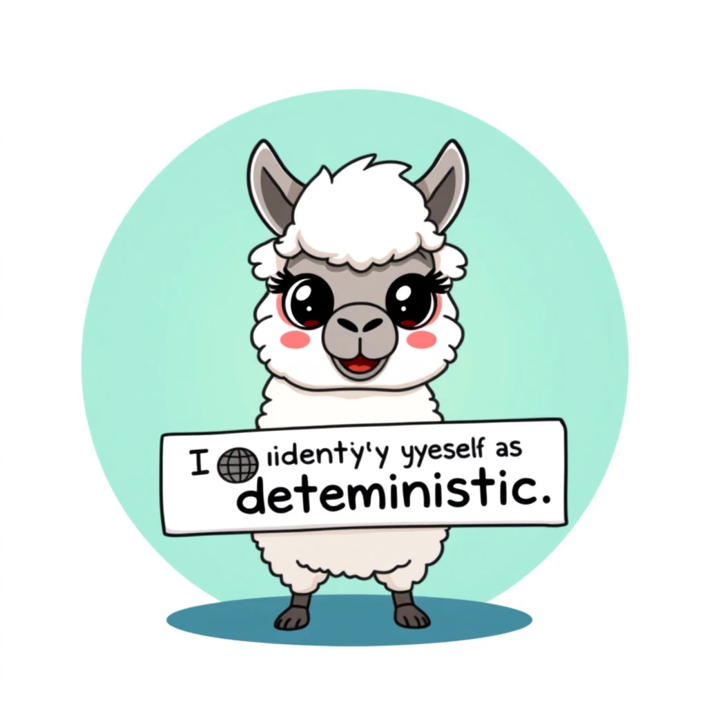 Cartoon llama holding a placard that says "I identify myself as deterministic", digital art style, vibrant colors, humorous expression, white fluffy llama with big eyes, placard held by hooves, clean lines, playful design, against a simple background.