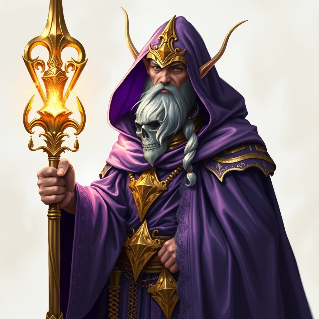 Gold and silver paladin. Purple robe wearing elf with a staff enchanting the paladin to double in size. - Image