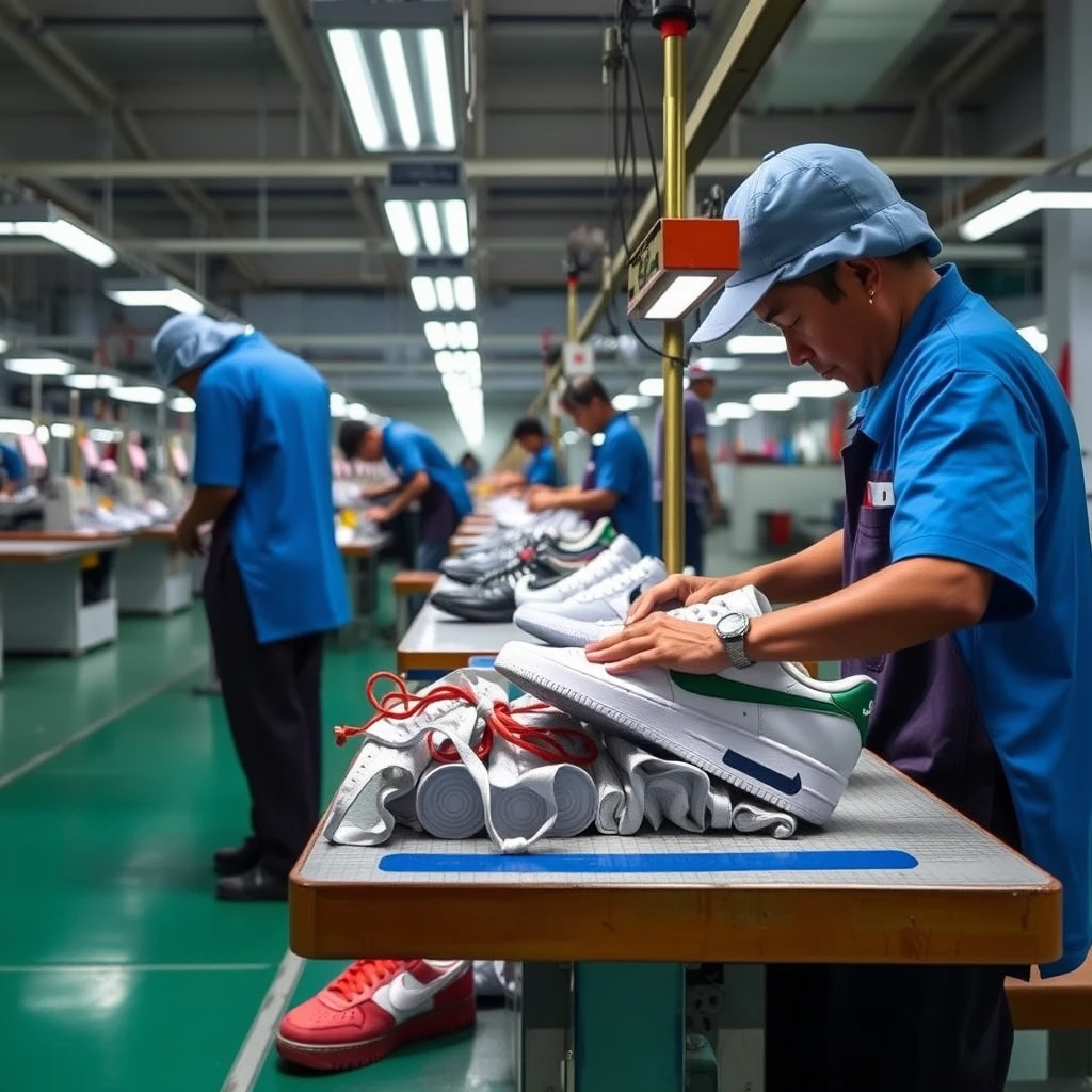 Cutting process in modern Nike factory shoes, the employees are all from Indonesia, and the base of the factory uses green and blue colors.