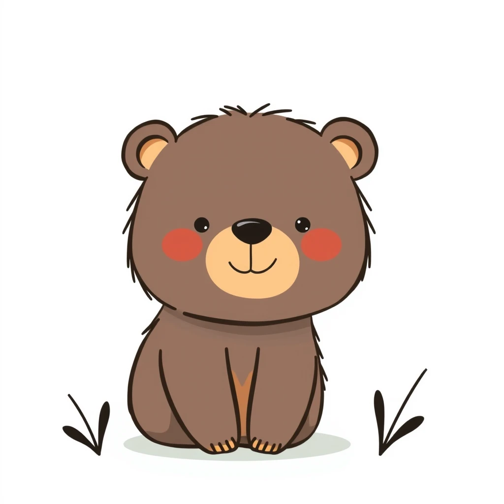 Minimalist digital drawing cute woodland bear on white background, whole body, friendly face