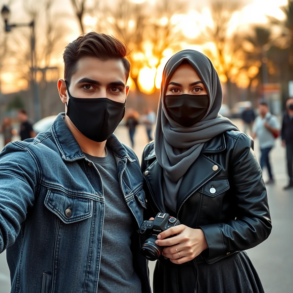 Jamie Dornan's head and body shot, handsome, black face mask, denim jacket, jeans, dating, love couple, with the biggest Muslim girl in a grey hijab, black face mask, beautiful eyes, black leather jacket, biggest skirt, taking picture, DSLR camera Canon, sunset, hyper-realistic, street photography, selfie.