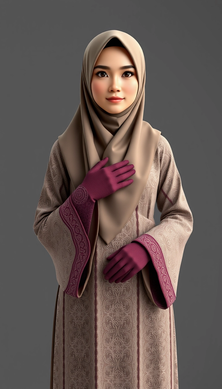 A 3D, 8k depiction of a Muslim woman from Palembang, wearing a traditional long songket and a long gown (gamis). She is adorned with a hijab that covers her chest and wears batik gloves covering her hands.