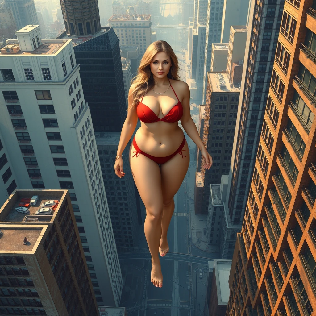 Aerial view of city, giant stunning plus size woman in bikini standing barefoot between buildings, realistic fantasy painting.