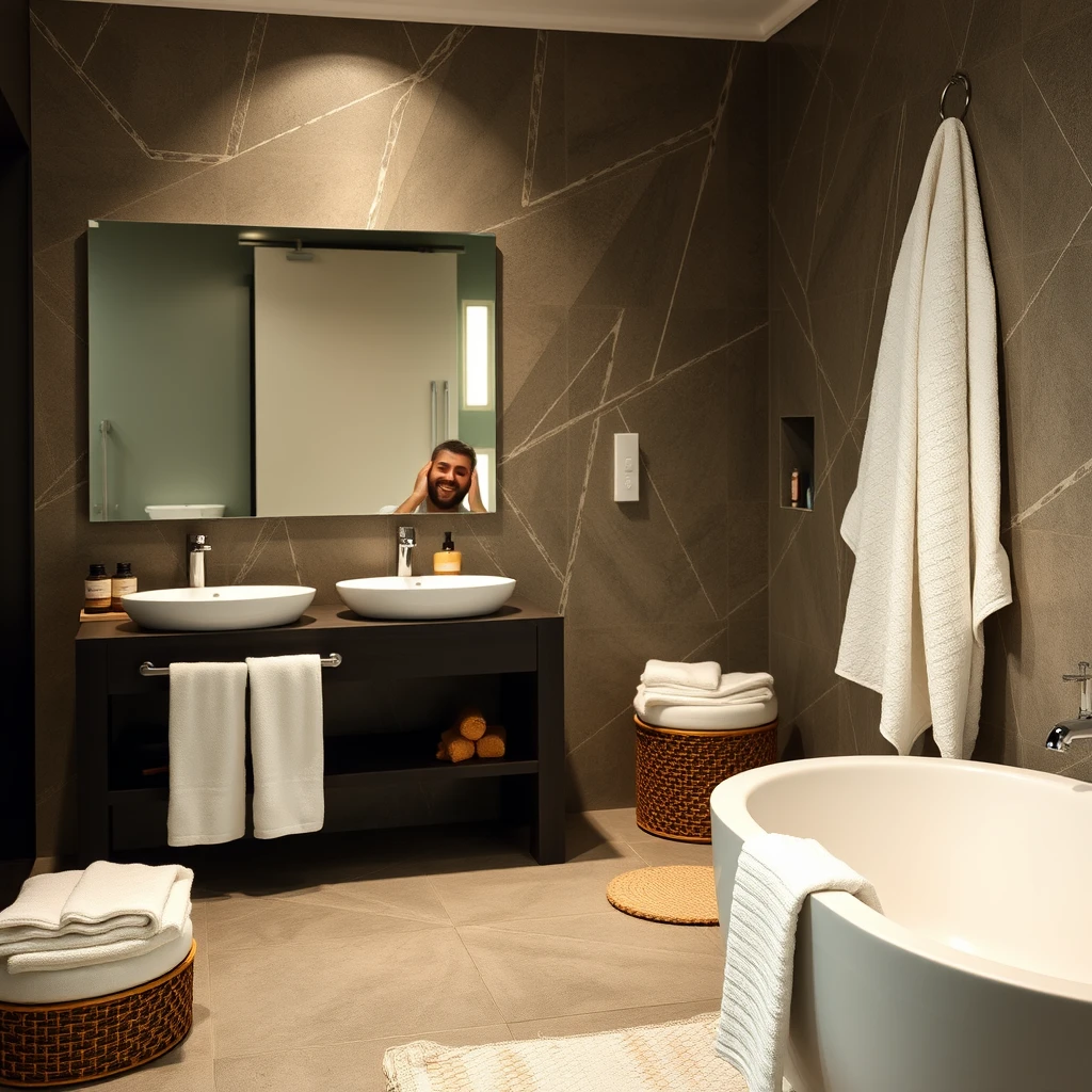 a modern bathroom with luxurious towels and a happy man