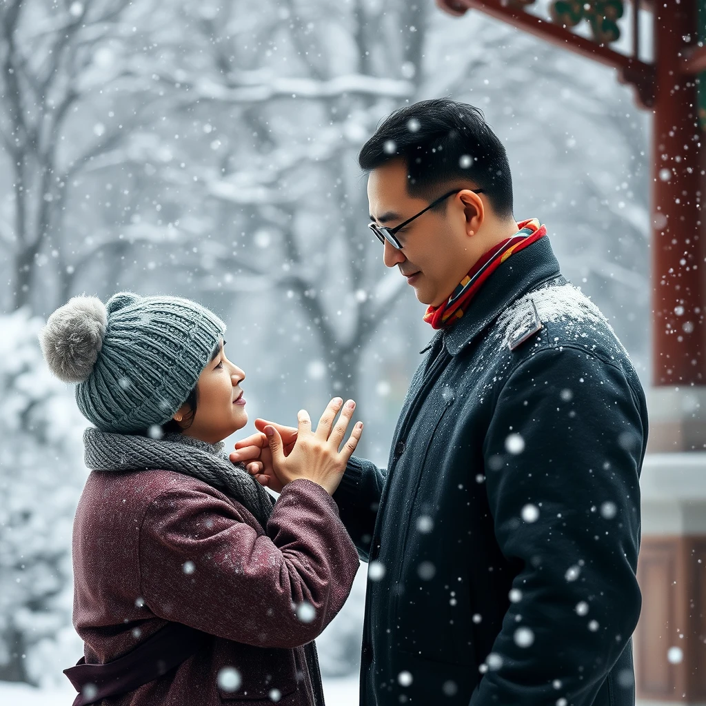 "A traditional Chinese medicine practitioner is taking a pulse for a patient in the midst of falling snowflakes."