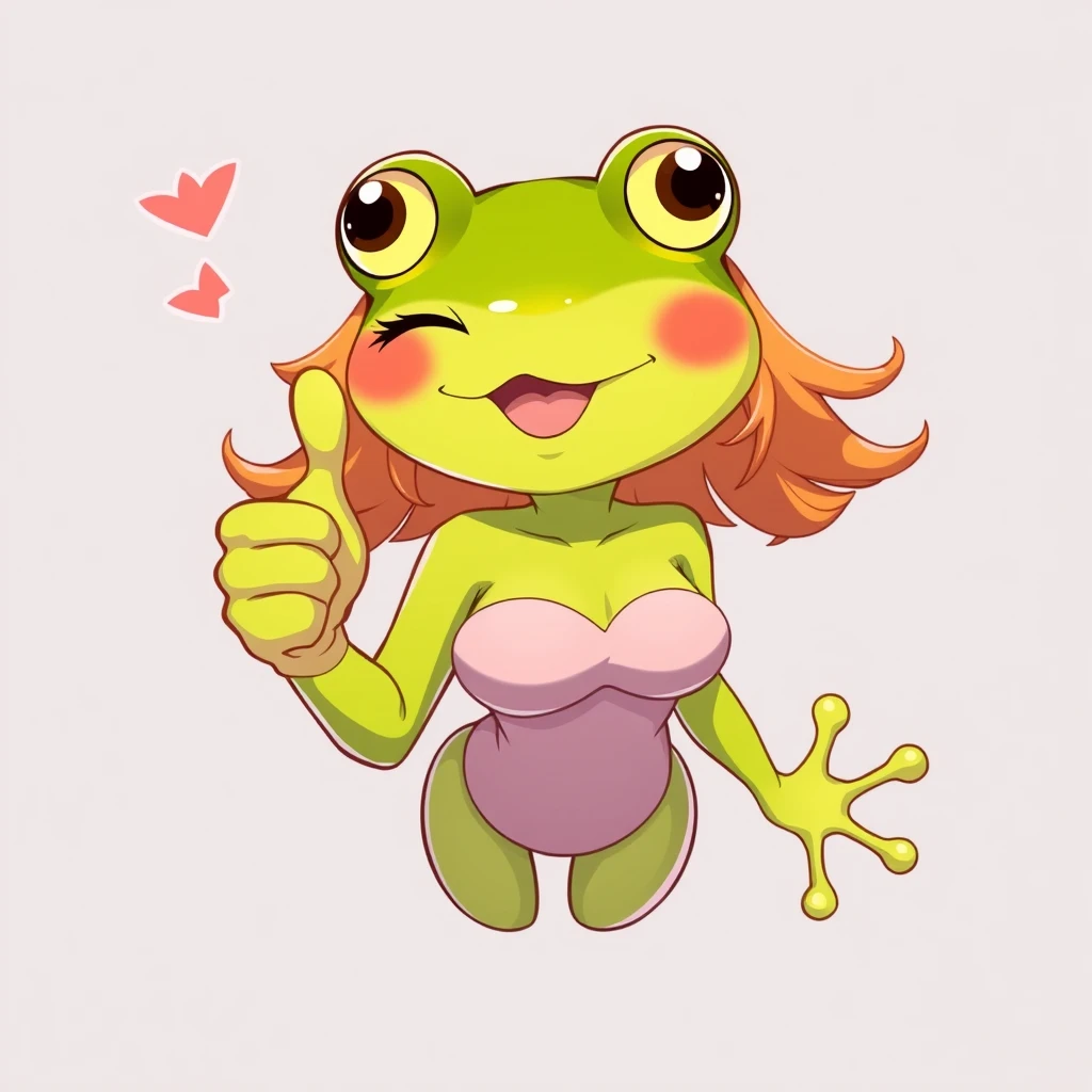 A beautiful frog woman, happy and bubbly, winking and giving a thumbs up, in an anime style full of energy and spunk.