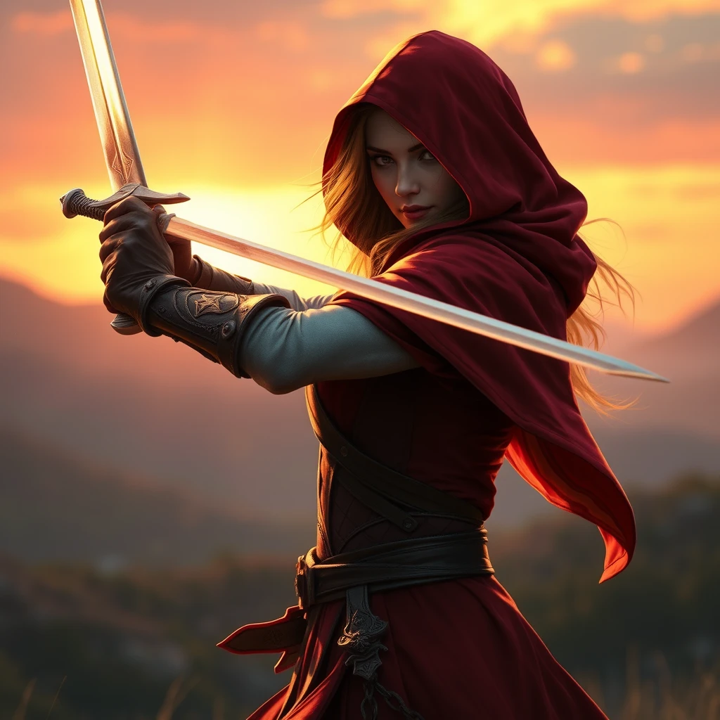 Photo realistic: Fantasy heroine with a red cloak swings a gleaming sword at sunrise.