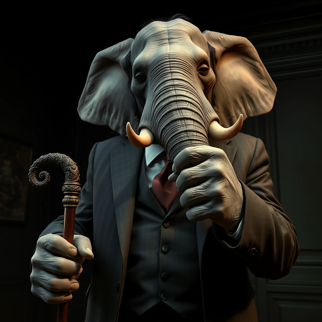 A large elephant man in a suit with large grey hands and hoof-like fingers holding a cane, exuding the vibe of a mob boss in a dark room.