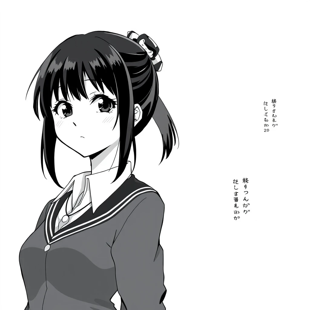 20 years old, tall, black-haired girl in a school uniform, full body. Manga style, grayscale.