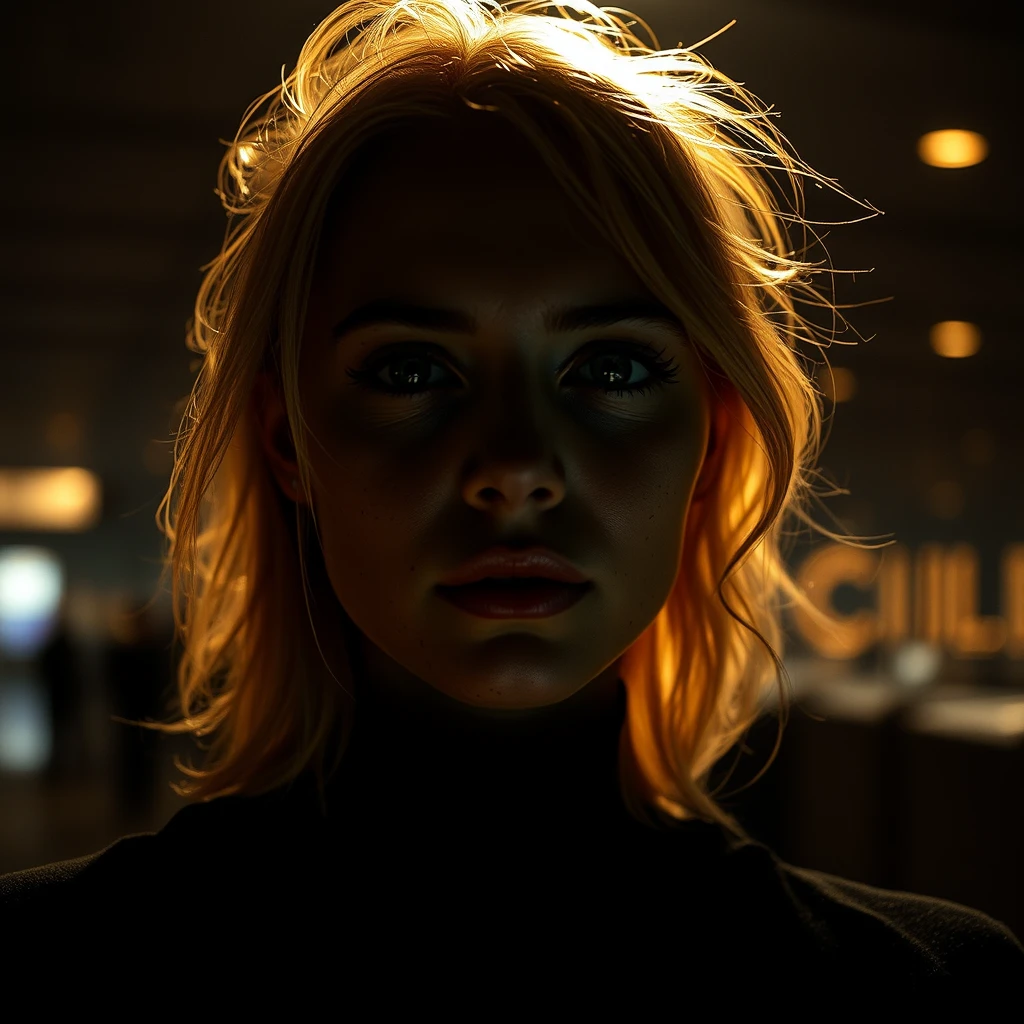 relaxed, backlit, Deep Focus, Mackenzie Davis, shirt, dust and scratches, negative, view from below, indoors at the airport, silhouette, spotlight, a beautiful woman, highly detailed face, ultra detailed skin, oily dirty skin, natural blonde hair, blue piercing eyes, eyes squinted, dark background, warm colors, city skyline