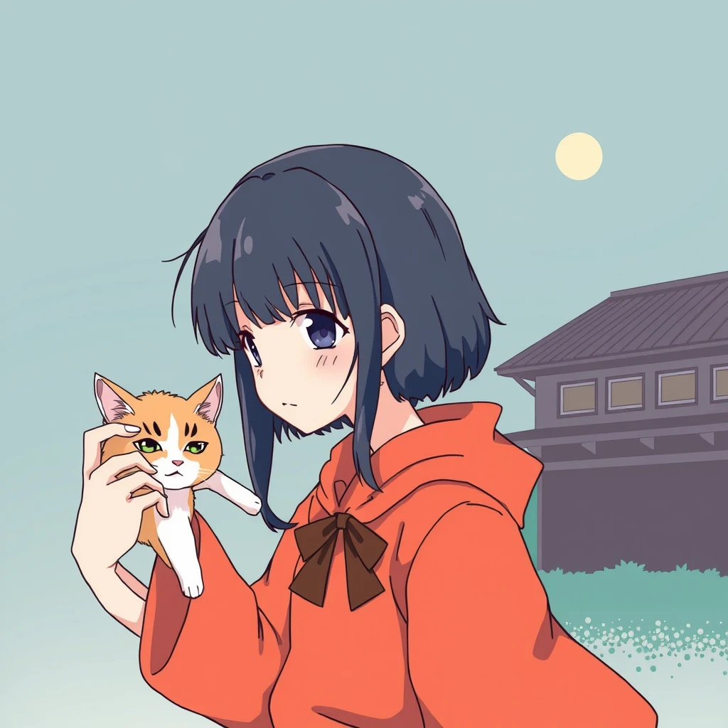 Japanese anime illustration: a girl with a cat in hand.