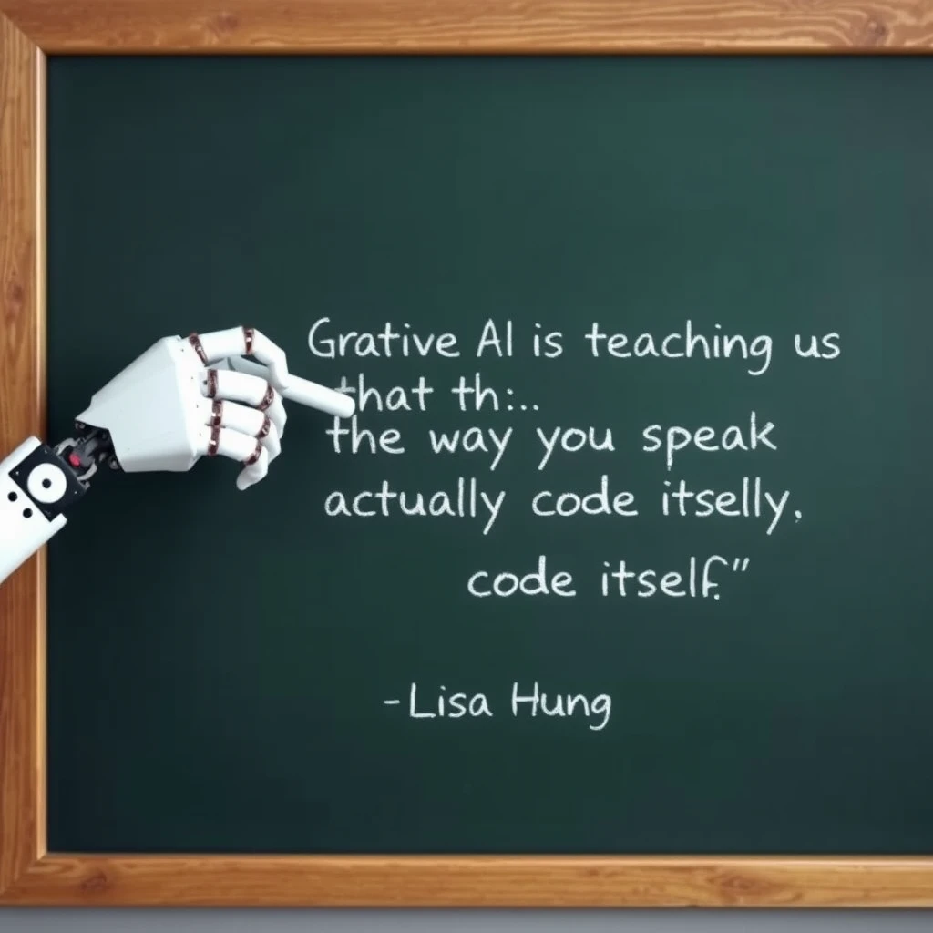 A robotic hand holding a piece of chalk is writing on a chalkboard that has the inscription: “Generative AI is teaching us that the way you speak is actually code itself” – Lisa Huang, classroom style chalkboard.