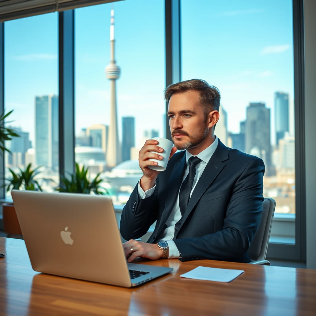 A photorealistic image taken with a Nikon D850 camera, equipped with an AF-S NIKKOR 24-70mm f/2.8E ED VR lens. The image captures a man in his mid-30s, wearing a business suit, sitting in a modern office with a large window showcasing the Toronto skyline in the background. The photo settings include an aperture of f/8, a shutter speed of 1/125s, and an ISO of 200. The man is casually drinking coffee from a white mug, with a laptop open on the desk in front of him. The office is well-lit, featuring contemporary furniture and a few indoor plants. The CN Tower and other prominent Toronto skyscrapers are clearly visible through the window, indicating a clear day with blue skies. The colors are vibrant and the details are sharp, resembling the quality of a Fujifilm Pro 400H film.