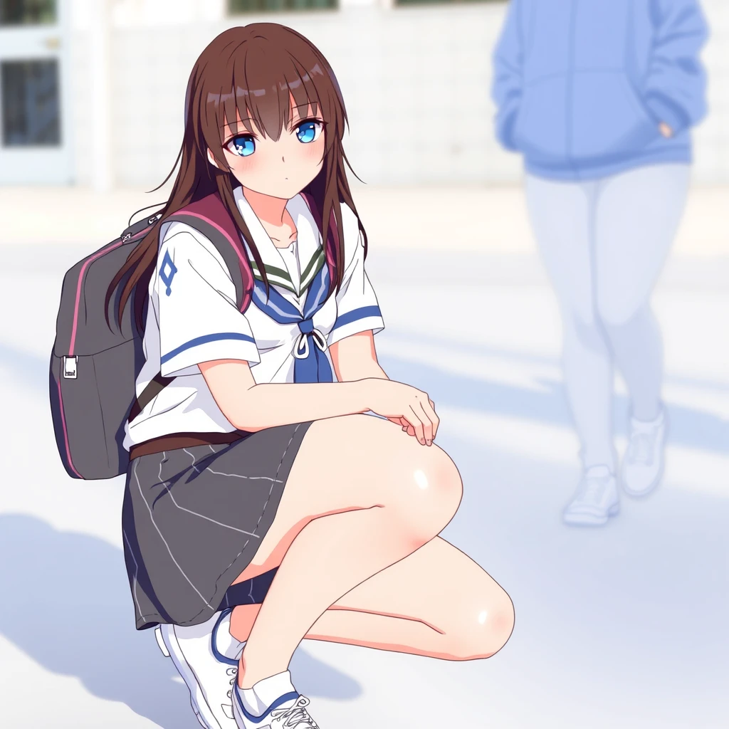 The female student in a short skirt is squatting on the ground.