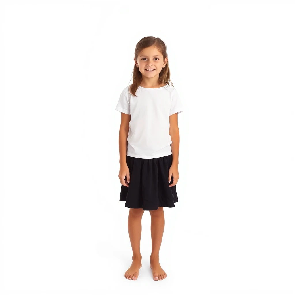 Create a photo: A 15-year-old girl is wearing a black skirt and a white T-shirt and is barefoot. She is fully visible and looking at the viewer. The background is white.