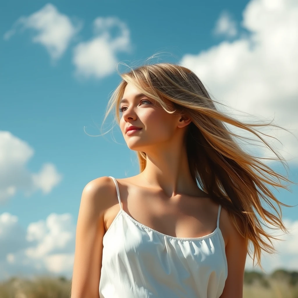 A serene, blissful scene of a young woman in a silky white sundress. The scene feels real and unpolished, informal. The subject has natural beauty, authentic imperfections; counter to the plastic surgery so often seen. A few strands of light blonde frame the sides of her eyes. The fluffy clouds decorate the clear blue sky. The breeze teases the hem of her skirt. She blushes with the sensitivity of life against her delicate pale skin.