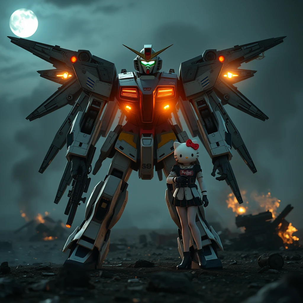 Highly realistic Gundam Wing mech standing in a dystopian battlefield, realistic reflections, heavy battle damage on the Gundam, smoke rising from the Gundam, smoldering ruins, 8k, cinematic, dynamic heroic cinematic camera angle, atmospheric lighting, dark and gritty, moonlight, realistic surfaces, sharpened image, bokeh, depth of field, female Hello Kitty pilot holding a gun by the Gundam's foot, realistic smoke, 8k render. - Image