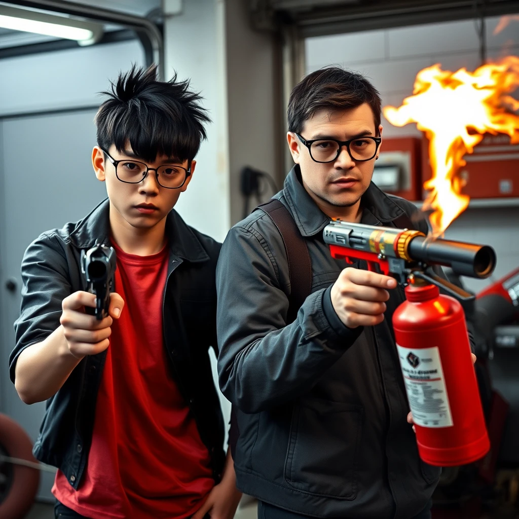 21 year old young northern Chinese man with long black fringe mullet, square glasses, holding dangerous pistol; [21 year old white Italian man with round prescription glasses and short hair holding very large fire extinguisher flamethrower], garage setting, both angry. - Image