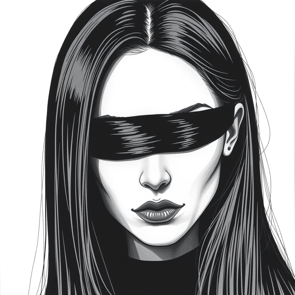 Blind Justice female face, side face, Straight hair, black and white color - Image