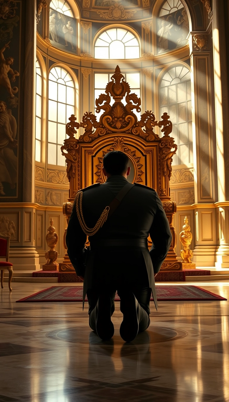 Main Character: A handsome and muscular king in a British royal military uniform, his back to the viewer, is on all fours, head bowed to the ground, trembling, in front of a massive gold throne. He appears to be in his late 30s, with short, neatly combed dark hair and a strong jawline. The uniform is impeccably tailored, adorned with medals and gold braid, highlighting his broad shoulders and powerful build.  
Background: The scene takes place in a grand, opulent throne room of a European palace, likely from the late 19th century. The towering walls are adorned with intricate carvings and tapestries depicting scenes of historical battles and royal ceremonies. Sunlight streams through tall, arched windows, casting long, dramatic shadows across the polished marble floor. The massive golden throne, intricately carved with mythical creatures and symbols of power, dominates the room, gleaming in the light.  
Supporting Characters: None  
Visual Style: The scene should be captured in a hyperrealistic, professional film photography style, emphasizing the dramatic lighting and the rich details of the environment and the king's uniform. The color palette should be rich and saturated, with a focus on golds, reds, and deep blues. The composition should create a sense of awe and power, highlighting the grandeur of the throne room and the king's submission. The image should evoke a sense of drama and tension, leaving the viewer to question the events leading to this powerful moment. - Image