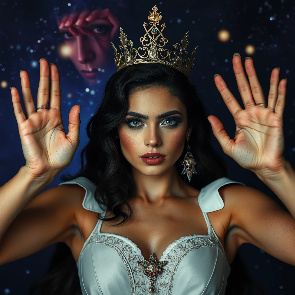 A beautiful queen of the universe holding up her hands, face in the background. - Image