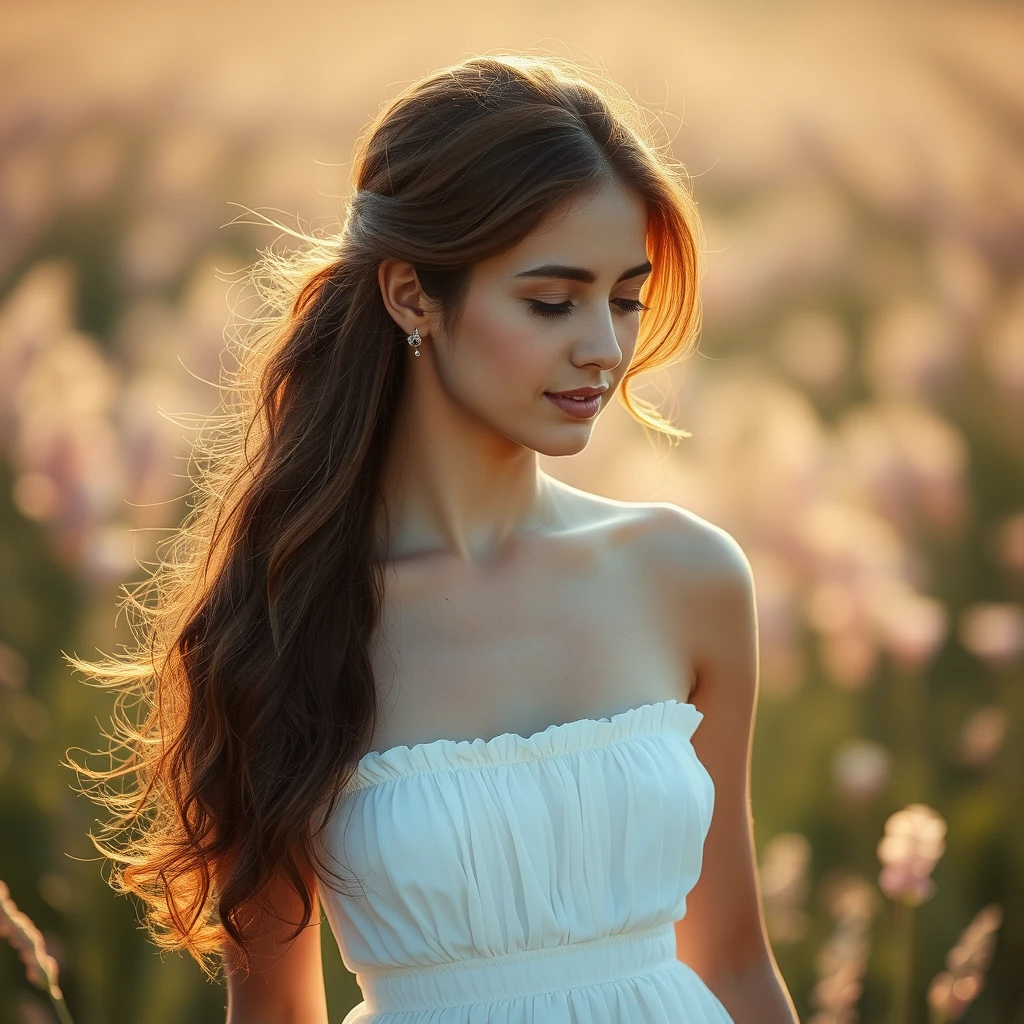 A serene, blissful scene of a young woman in a white dress, from my point of view.