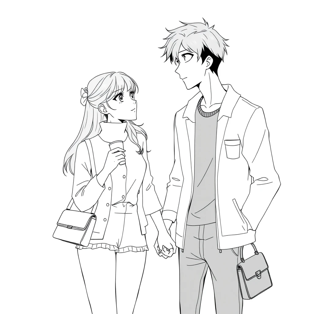 Anime lineart, a young woman in fashion standing with a tall handsome boy, she is leaning on the boy, simple background, cup, handbag, hand in hand, they are looking at each other and love each other. - Image