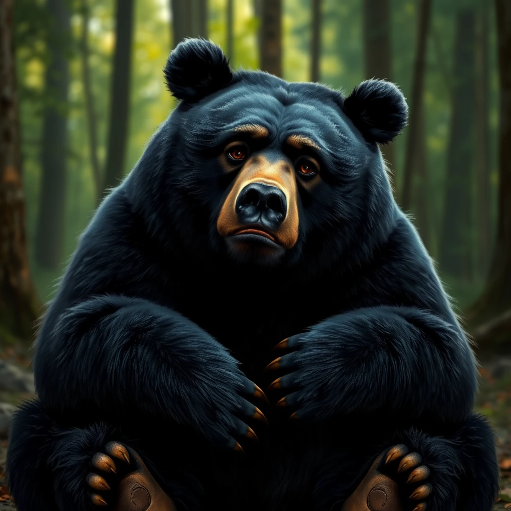 Photorealistic, fat black bear. Sitting in the forest. Big paws held forward. Expression of disgust.