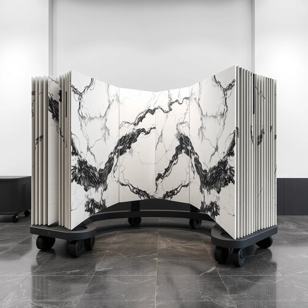 Smart, stylish automated display system that can hold large 4 meter sized, polished marble panels such that the marble panels can be carried on AGVs, plus oriented vertically or horizontally, in automatically unfolding into L-shaped bookmatch format, for best viewing experience.