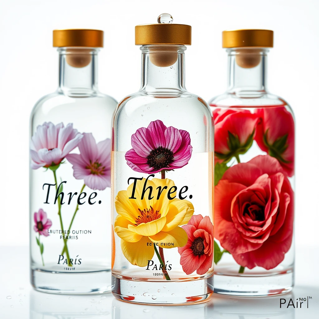 Realistic photography, limited edition glass cosmetic bottles from Paris, with "Three" and representative floral images printed on the glass bottles, white background, dew on the top of the bottle, featuring epic visual effects and exquisite printing technology, intricate details, rich details. - Image